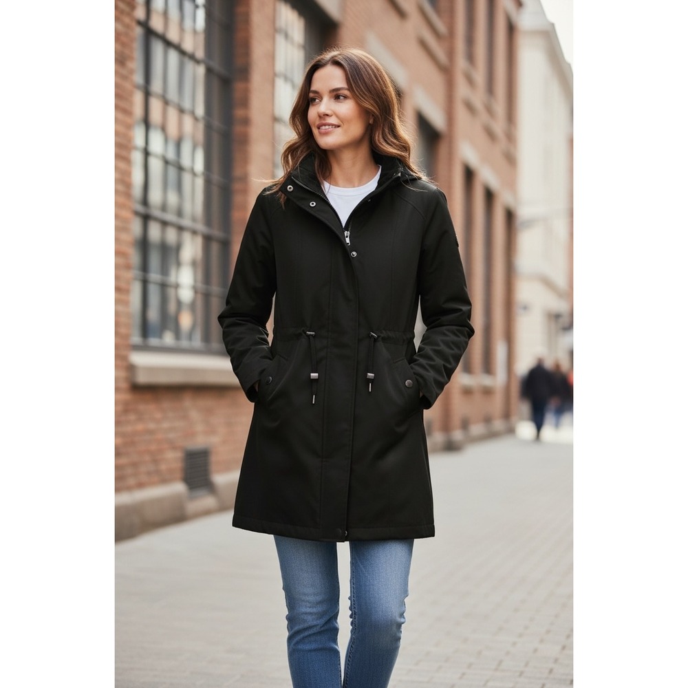 Kenneth Cole New York Womens Black Parka Jacket Hooded Drawstring Waist Small
